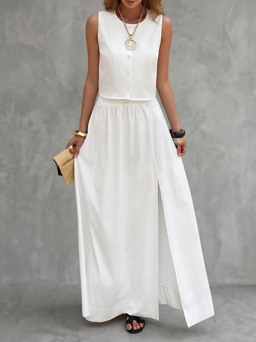Onecozyday Women's Casual 2 Piece Skirt Set Solid White Sleeveless Crop Top & High Waist Maxi Skirt With Slit 2026 Casual Suit