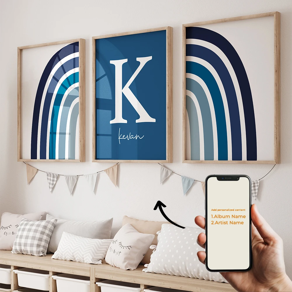 

3pcs Personalized Name Custom Cartoon Blue Rainbow Wall Art Print Picture Living Room Kids Boys Room Home Decor Gift