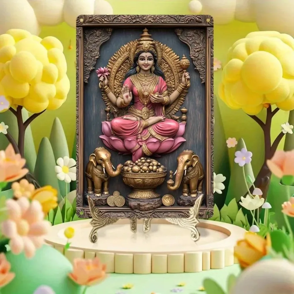 2D شقة 1 قطعة الألومنيوم آلهة لاكشمي والفيلة لوحة معدنية (LakshmiElephantArt) | ديكور الوفرة الروحية #5