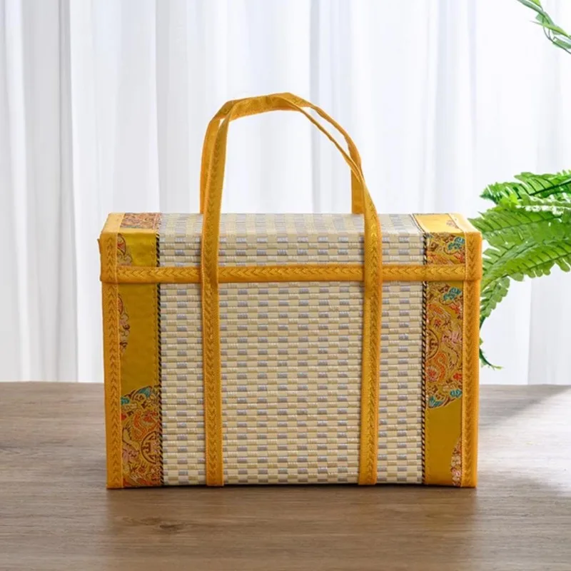 Foldable Environmental Friendly Lunch Bags Chinese New Year Gift Box Rectangular Woven Bamboo Basket Rattan Weaving Packaging