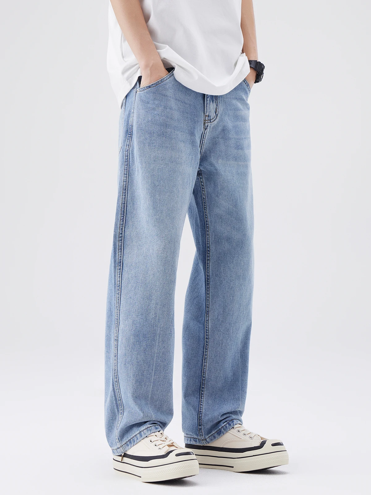 ضوء وا مستقيم الساق الرجال الجينز الصيف رقيقة الأمريكية الرجعية واسعة الساق السراويل الطويلة غير رسمية فضفاضة تناسب الجينز الشباب ular Sle