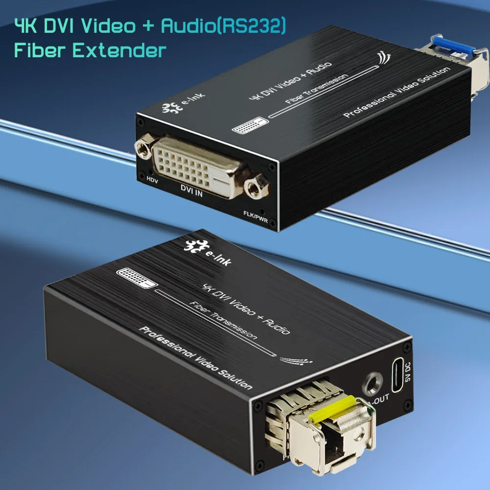 Mini 4K DVI Fiber Converter Ultra HD Video Optical Transceiver with External Stereo Audio (RS232) Type-C 5V Power Input