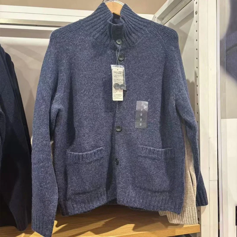 

ex Knitted Cardigan Casual Vintage Sle Long Sve Warm Outerwear Loose Fit Stand Collar Sweater Coat for Men And Women