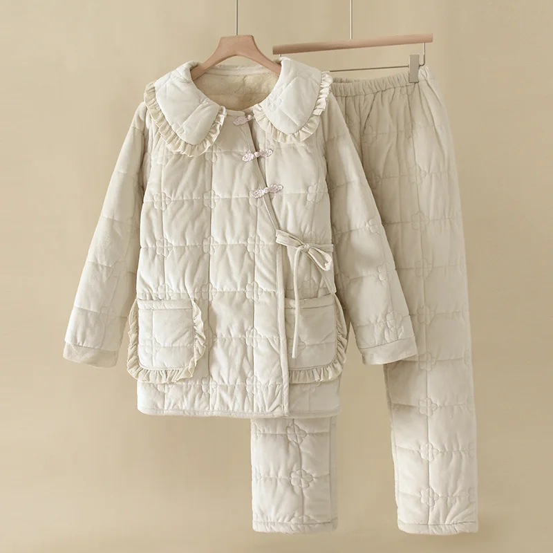 2025 حار بيع جديد مائل طوق دمية طوق المرجان الصوف سترة قطن وسراويل سميكة المنزل قطعتين مجموعة للنساء #1