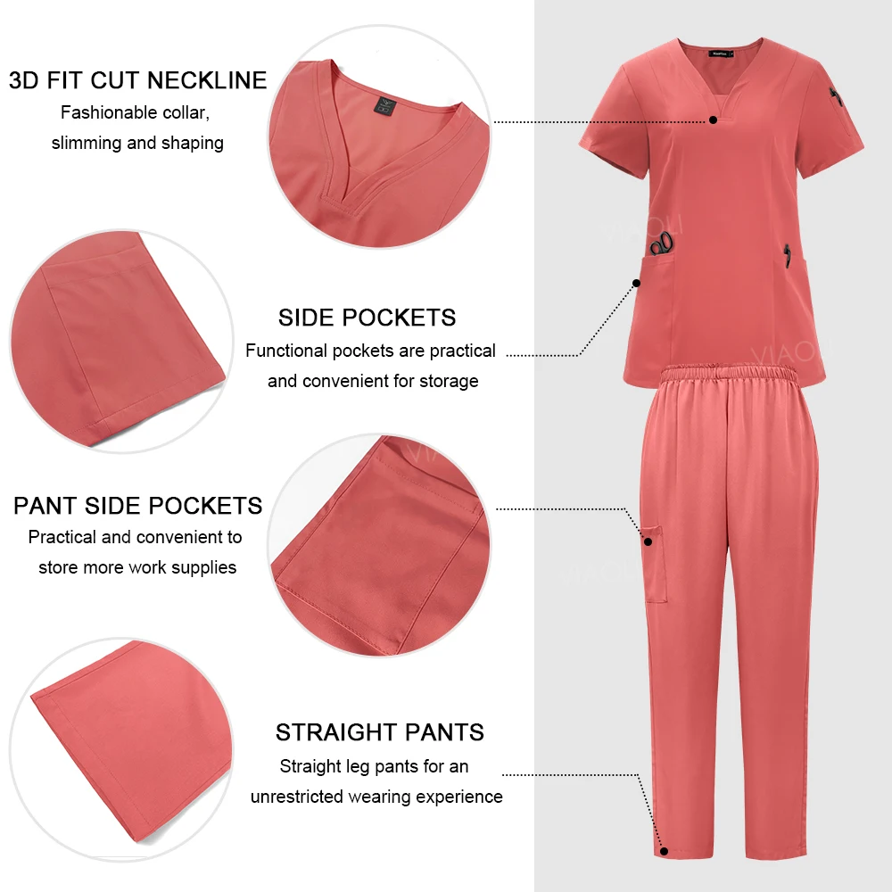 Women’s Surgical Scrubs High Quality Medical Nursing Scrub Sets Short Sleeved Top+pants Beauty Salon Dental Clinic Nurse Uniform