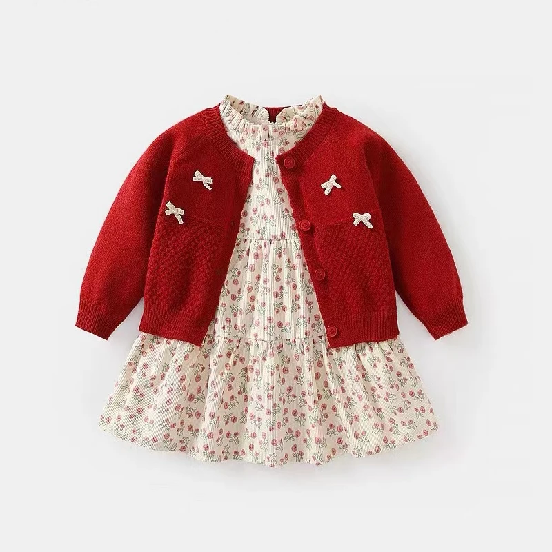 

Girl'S Sweet Suit Spring Autumn Baby Kids Infants Children'S Knitted Cardigan Dress Leisure Two-Piece Set