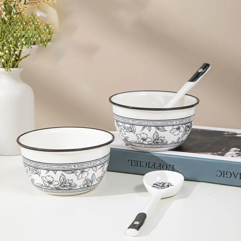 

French Style Ceramic Bowl Spoon Set Small Fragrance Style Home Use Ins Style Single Person Dining Utensils Plant Floral Pattern