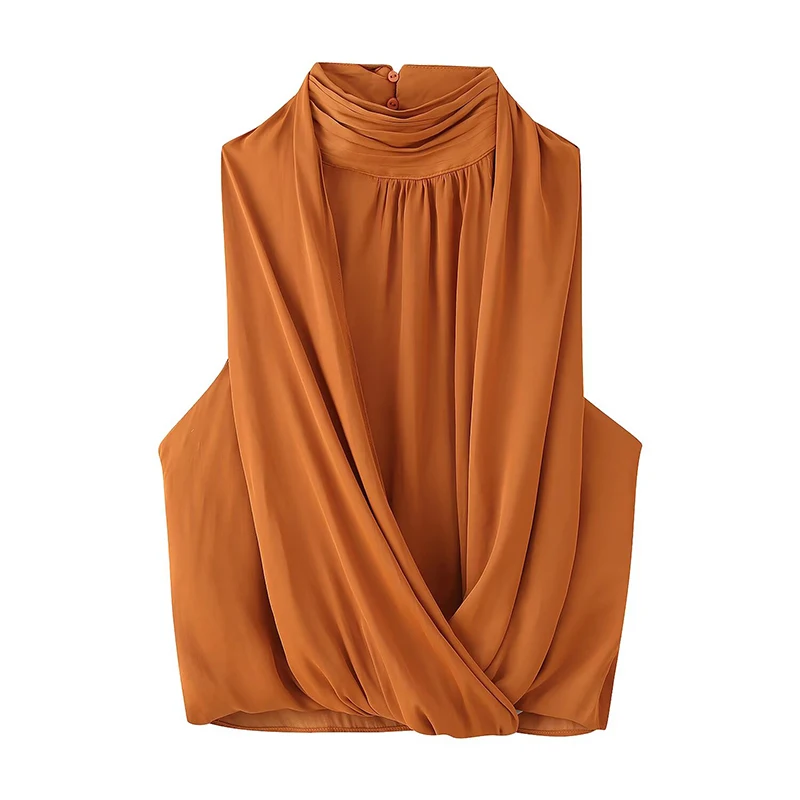 YENKYE Neues modisches Damen-Top mit hohem Kragen und überkreuzter Vorderseite, drapiertes Satin-Oberteil, sexy, rückenfrei, lässige Sommer-Tops für den täglichen Gebrauch