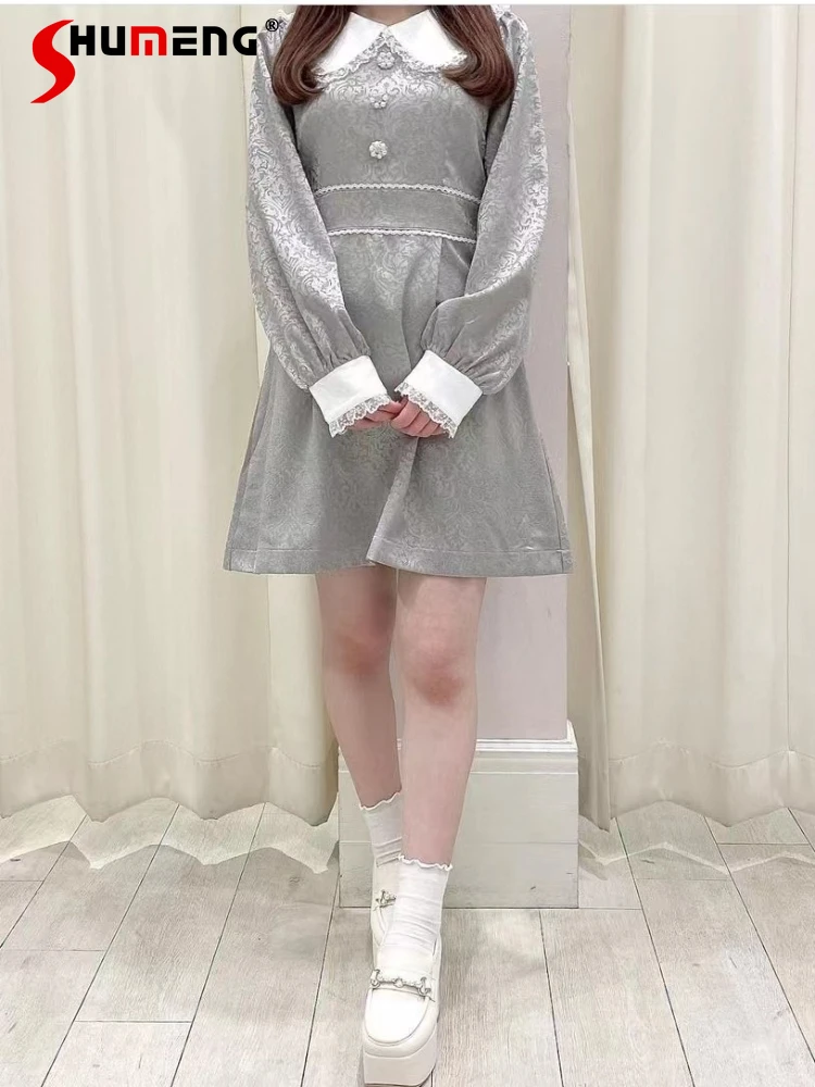 

Japanese Retro Palace Style Lace Stitching Diamond Buckle Doll Collar Puff Long Sleeve High Waist Slim A-line Short Dress Women