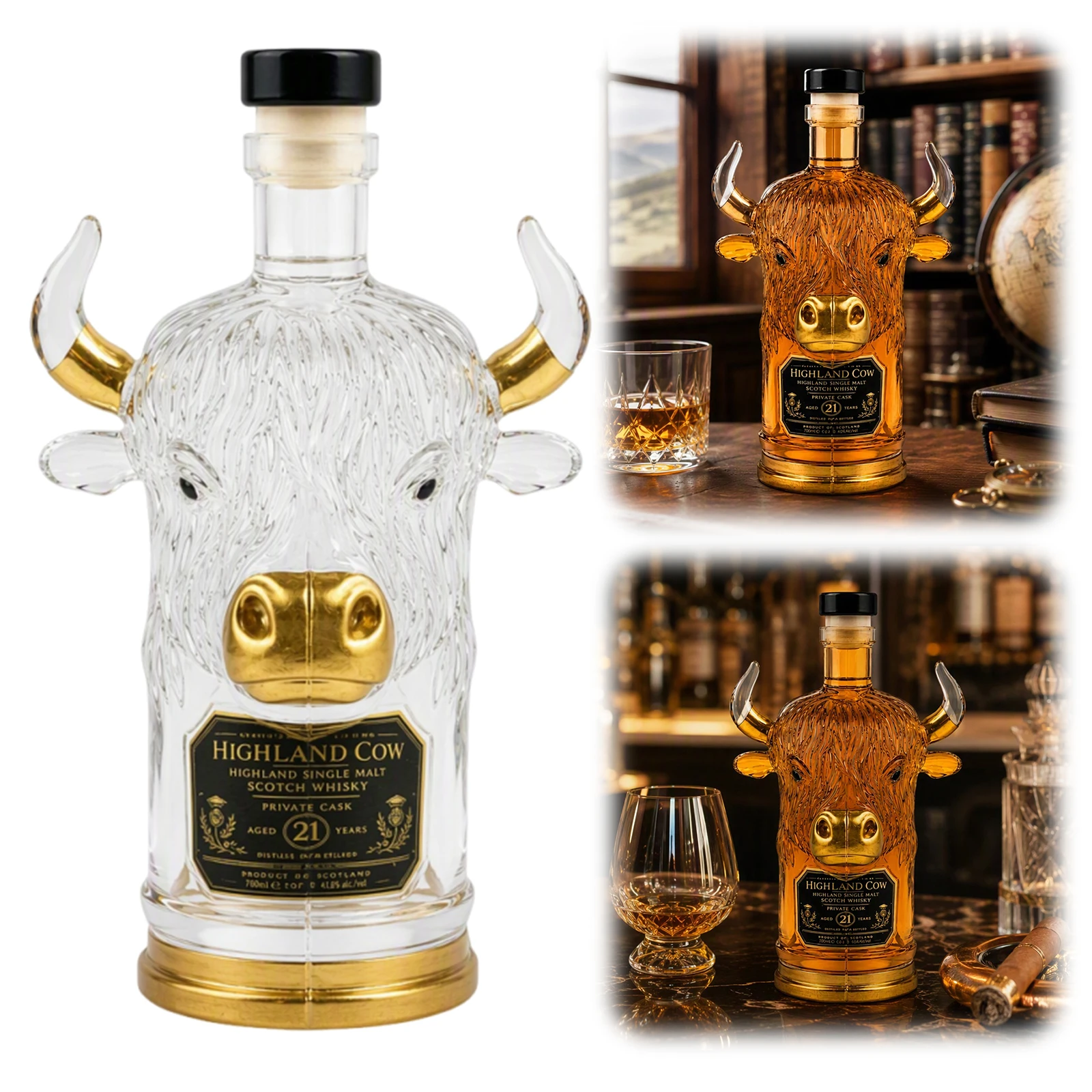 Novelty Highland Cow Glass Whisky Bottle Decanter Desktop Animal Figurine Sculpture Gift