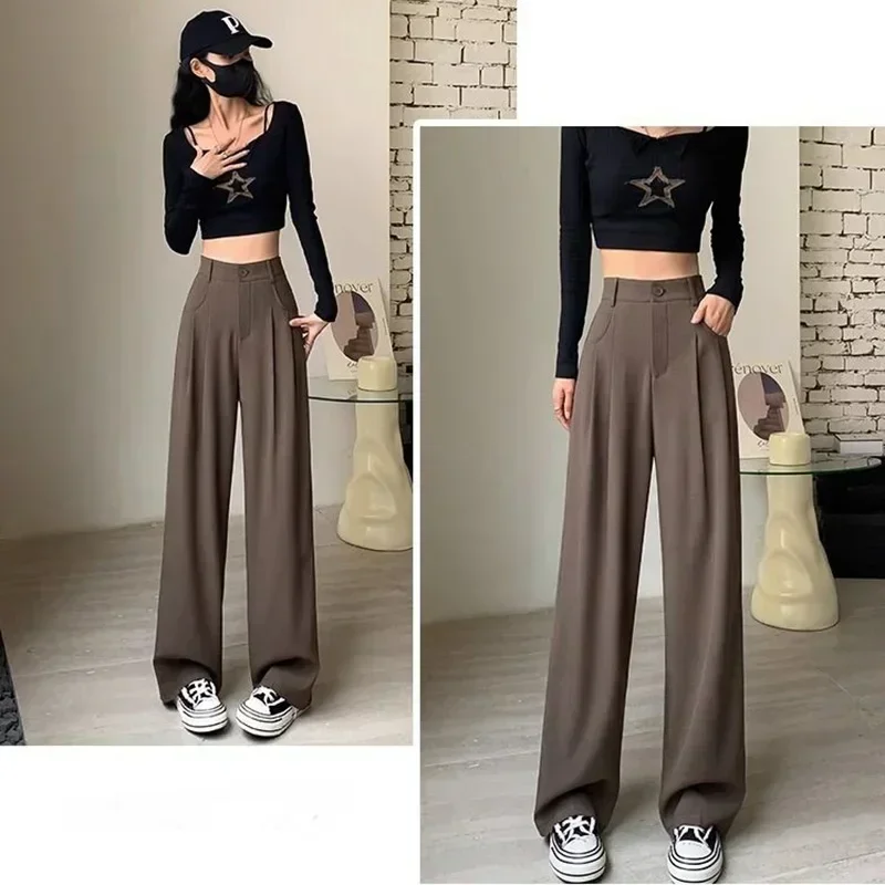 Frauen Mode Anzug Hosen Dame Atmungsaktive Baggy Hohe Taille Breite Bein Sommer Hosen Dame Gerade Bein Schwarz Kaffee Klassische Hosen – Detail 10