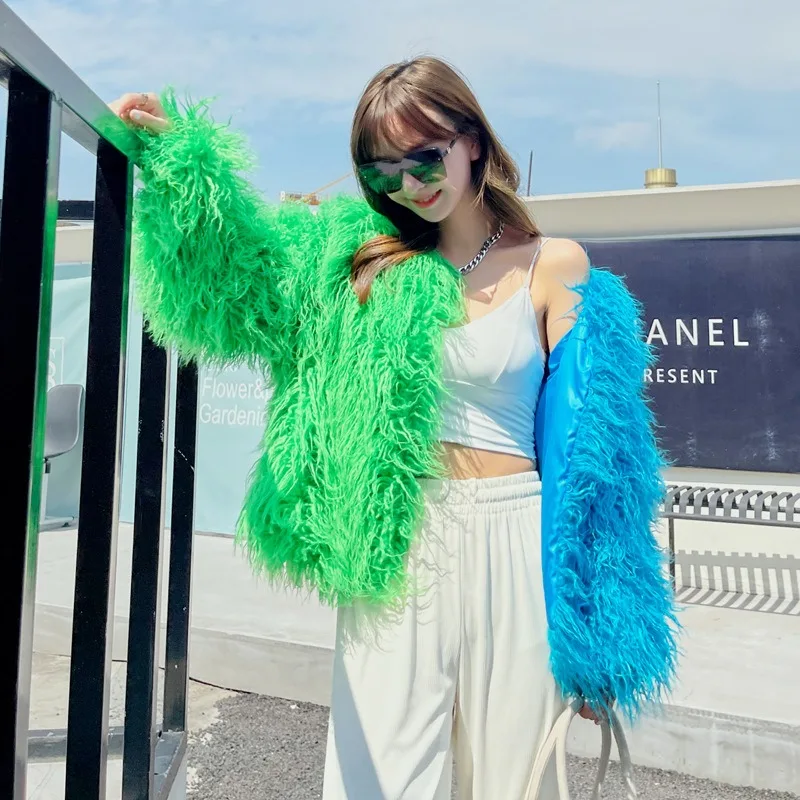 Women's Clothing Patchwork Contrast Colours Faux Wool Faux Fur Coats Tann Sheep Wool Short Style Coats Lambswool Unique Style