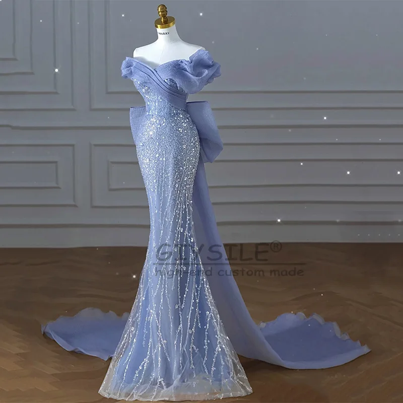 GIYSILE 블루 드레스 중공업 페르시 인어 스커트 럭셔리 고화질 토스트 옷 어깨 스팽글 보우 스트랩 백