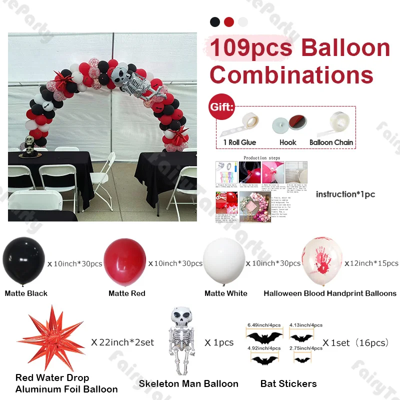 109pcs Halloween Foil Balloon Arch Kit Matte Red and White Balloons Garland Kit Halloween Skeleton Man Balloon and Bat Stickers