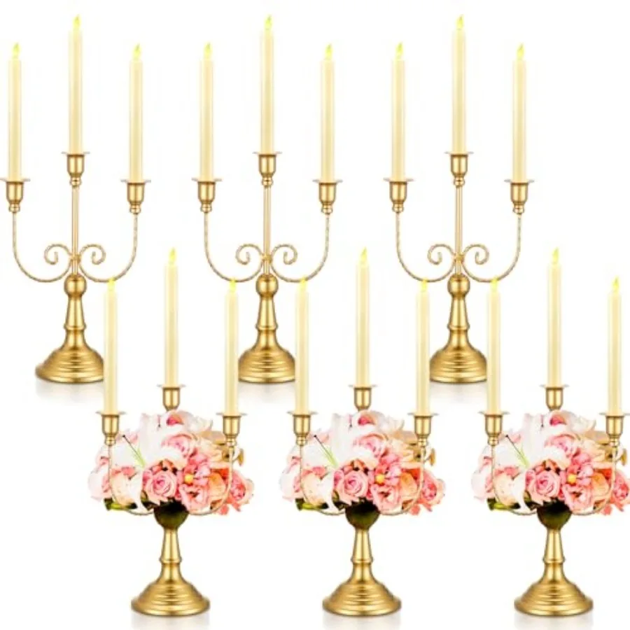 

6 Pcs Gold Candelabra Candle Stand Metal Candlestick Holder 3 Arm 12 Wedding Candlestick Holder for Theme Party Table Centerpie