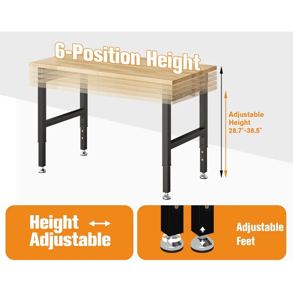 Adjustable Heavy Duty Workbench with 4 AC Outlet and 2 USB Ports Power Outlets, 2000 Lbs Capacity, Rubber Wood Top for Garage