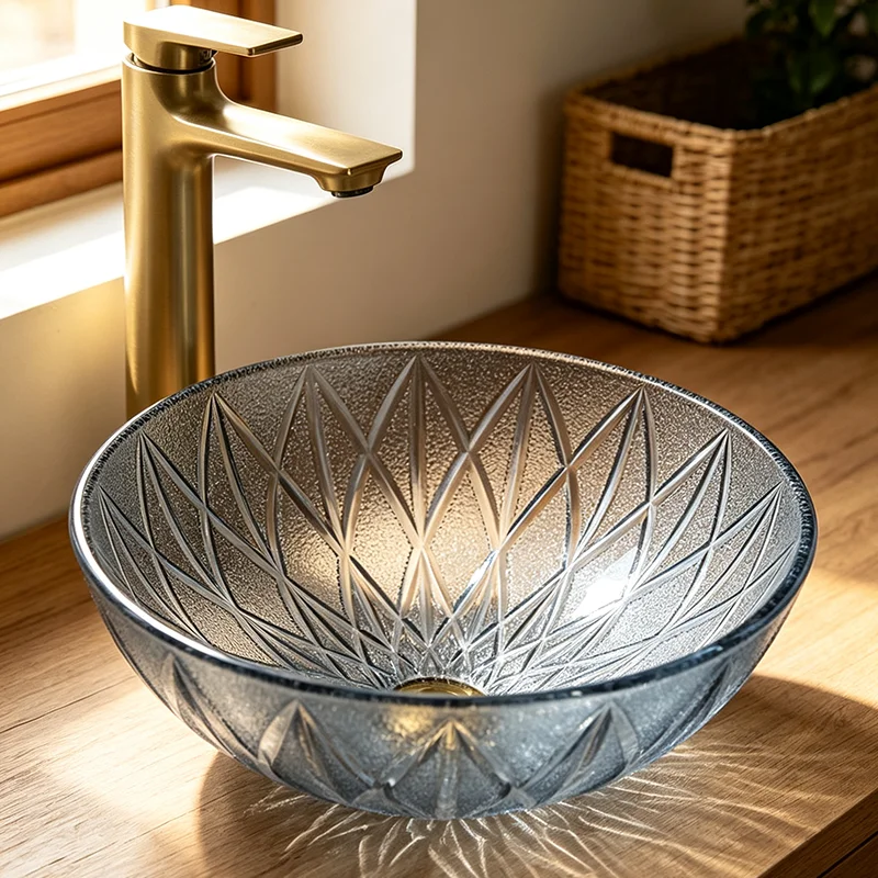 Aqua Blue Glass Countertop Basin, with a Simple and Elegant Round Shape, the Light Passes through the Basin Body, Reflecting Dynamic Light and Shadow, Creating a Rich Atmosphere. the Three-Dimensional Diamond Design Adds More Layers to the Light and Shadow, Making It an Ideal Choice for Modern Bathroom Fixtures, Suitable for Dressing Rooms, Vanity Tables, and Home Bathroom Sinks, and Can Be Matched with Various Decor Styles (Accessories Not Included)