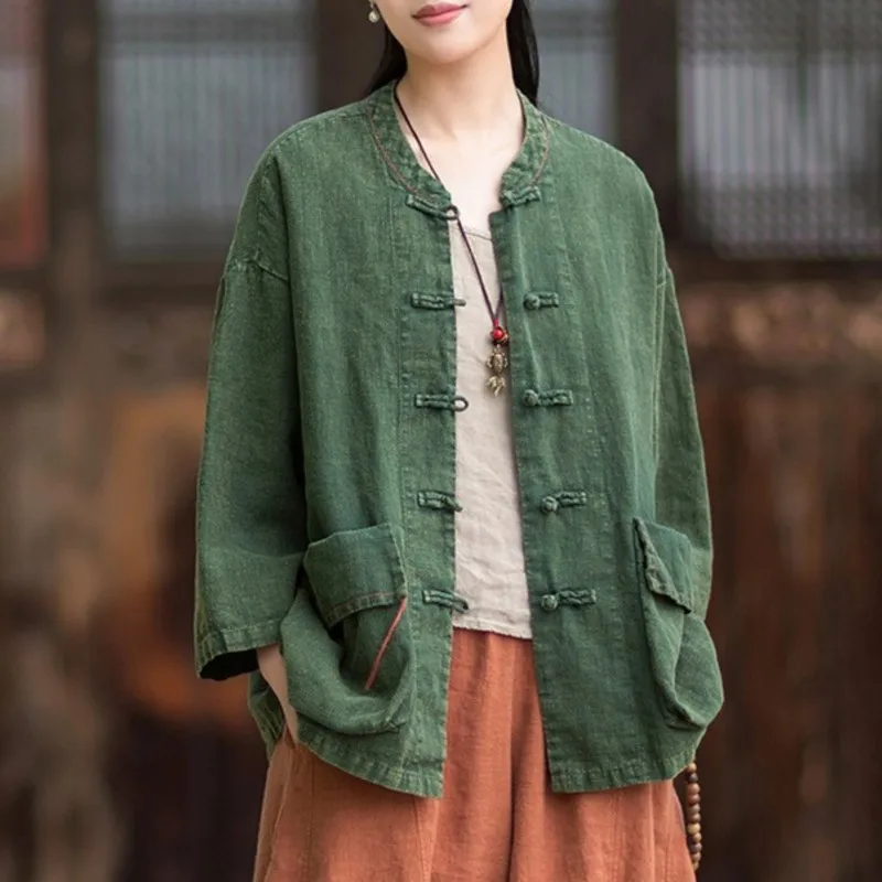 Johnature Women Vintage Ramie Cotton Shirts And Tops 2026 Autumn New Chinese Style Solid Color Loose Patchwork Pockets Blouses