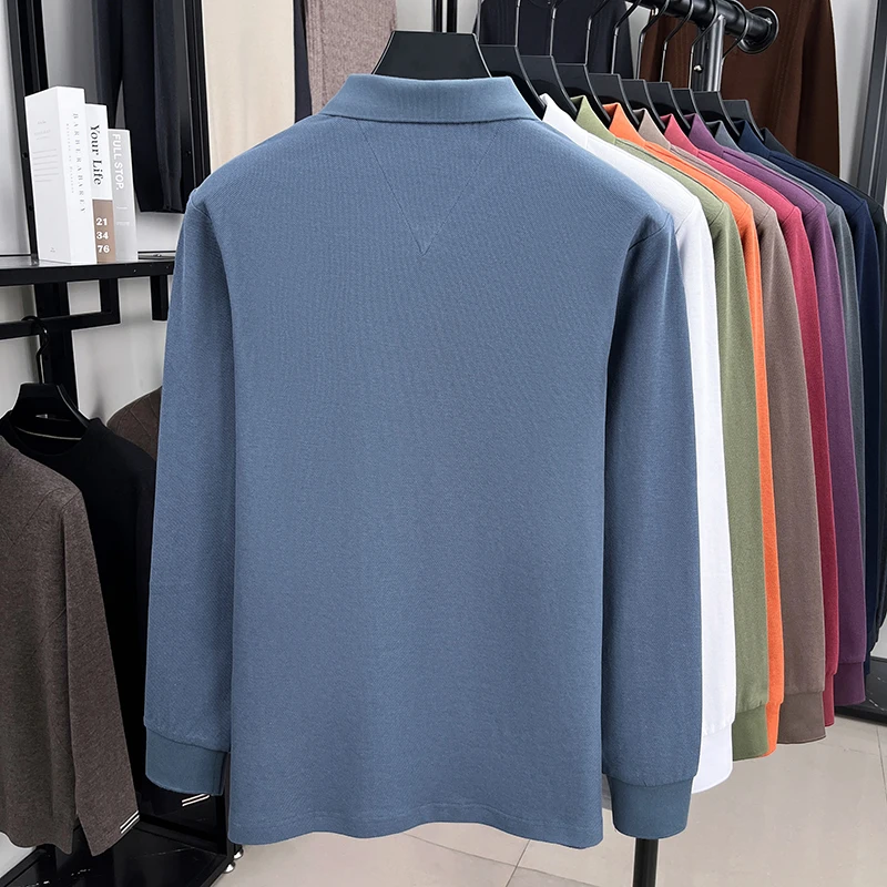 100% القطن الخالص الخريف والشتاء الرجال موضة الرياضة العلامة التجارية المطرزة المهر قميص بولو بأكمام طويلة الأعمال تي شيرت غير رسمي #3