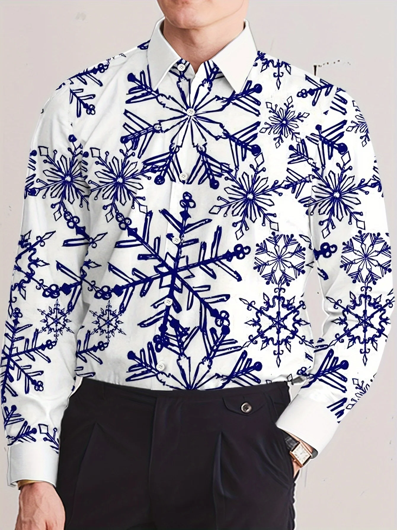 Mens Winter Festive Shirt, Bright Blue Base Vintage Jewel Snowflake All Over Print Long Sleeve Party Outfit