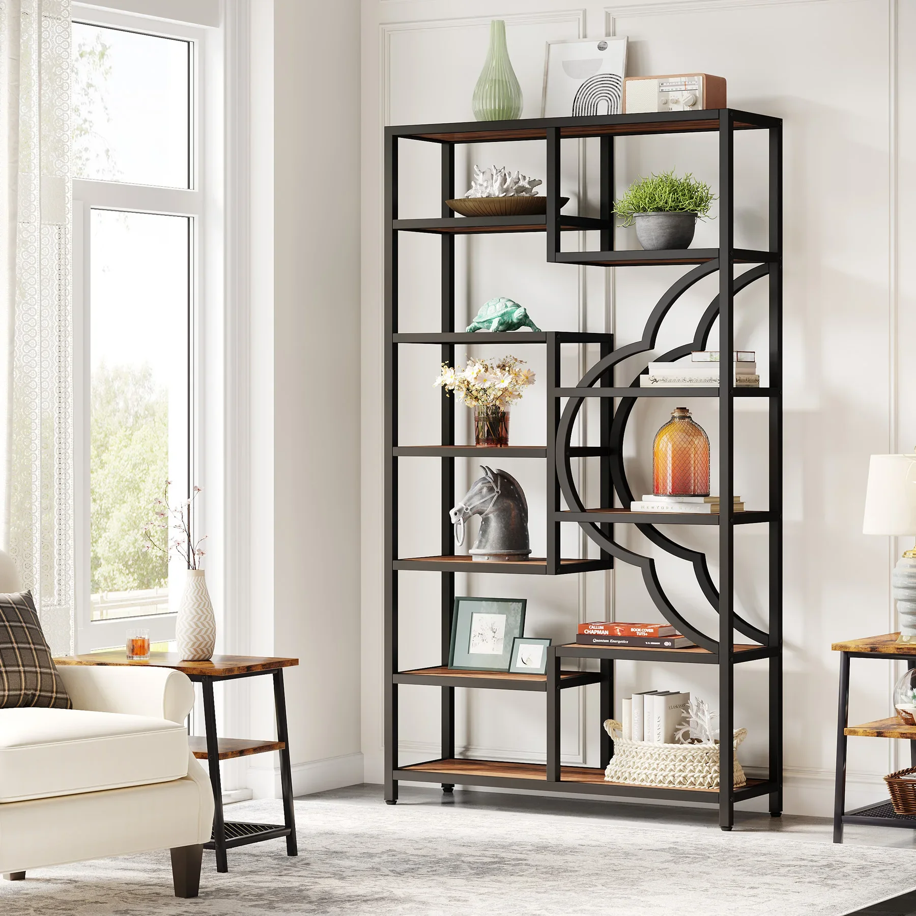 Tribesigns Bookshelf, 11-Shelves Tall Bookcase with Unique Arc-Shaped Design, Industrial Etagere Display Storage Shelves image 6