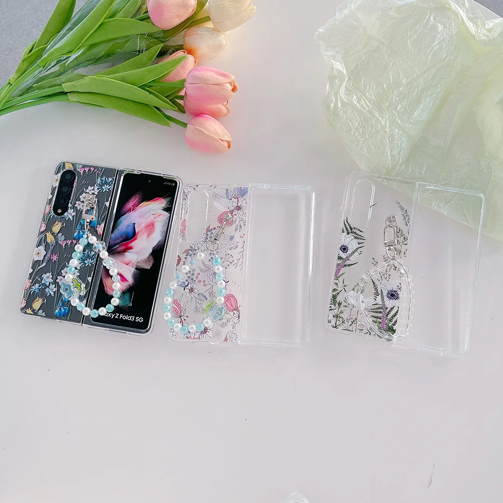 Z Fold 4 Funda Case for Samsung Galaxy Z Fold 4 Z Fold 3 Hand-Painted Flower DIY Bracelet Transparent Coque Phone Case Cover