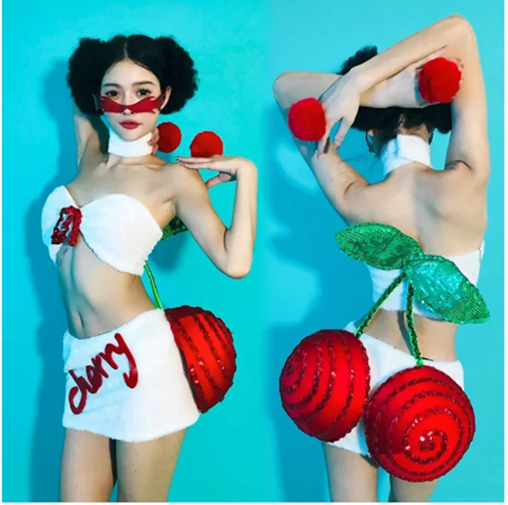 2025 Sexy Cherry Gogo Dance Costume Nightclub Party Dj Ds Rave Outfit Drag Queen Clothes Plush Bikini Skirt Adult Clubwear yj009