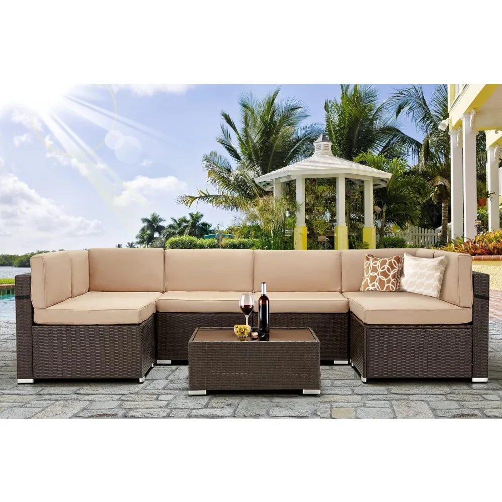 Mobília ao ar livre do pátio Set,PE Rattan Wicker Sofá Set, cadeira secional com almofadas e mesa de chá, 7 PCs