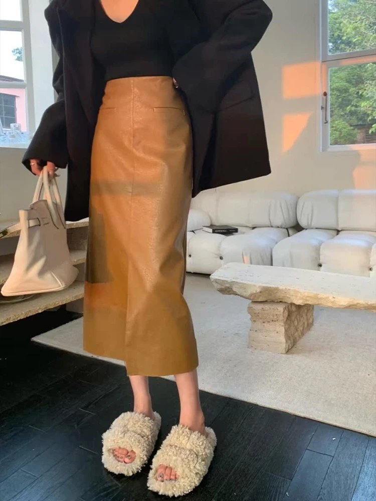 2024 New Spring Autumn Medium-Length Coffee Color Women's A- Line Bodycon Skirt With Side Slit Skirt Fashionable Sister Skirt