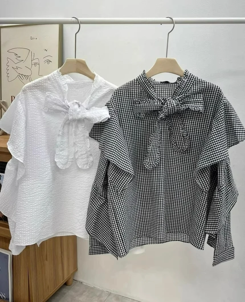 

Korean Chic Autumn New Retro Splicing Ruffle Edge Strap Causal Checkered Shirt for Women