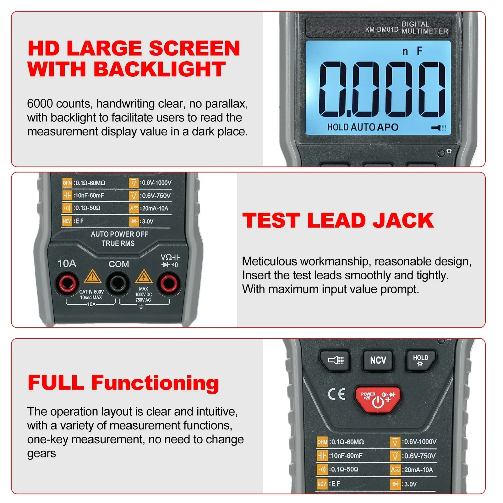 KM-DM01D Intelligent Automatic Scanning Digital Multimeter Burn-Proof 6000 RMS Counter For  AC/DC Voltage AC/DC Current Resistan