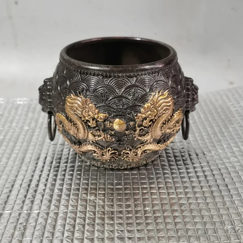 Wholesale Antique Red Copper Collection Gilding Pure Copper Double Dragon Lucky Treasure Bowl Copper Cylinder Decoration Antique