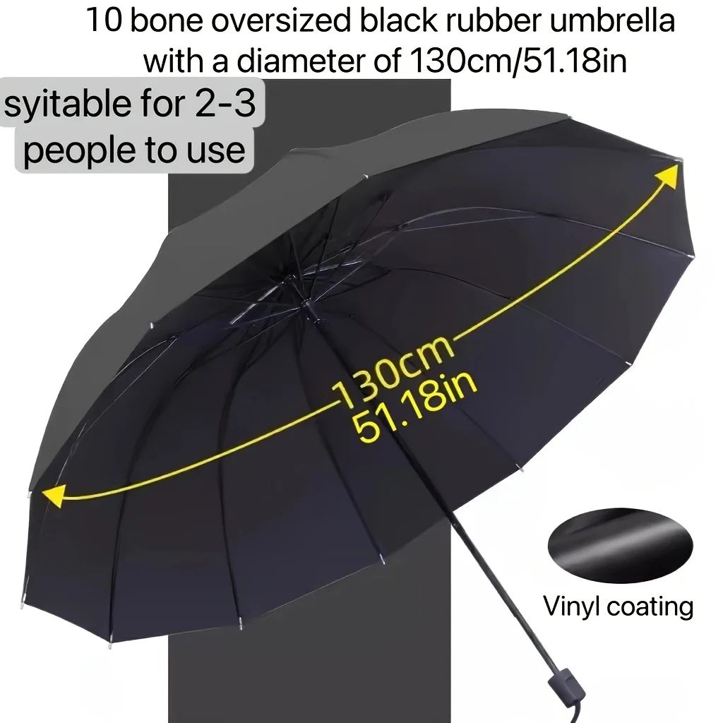 130CM Sun Rain Umbrella Black Coating UPF50+ Manual Open 10 Bones Large Size For Two To Three People