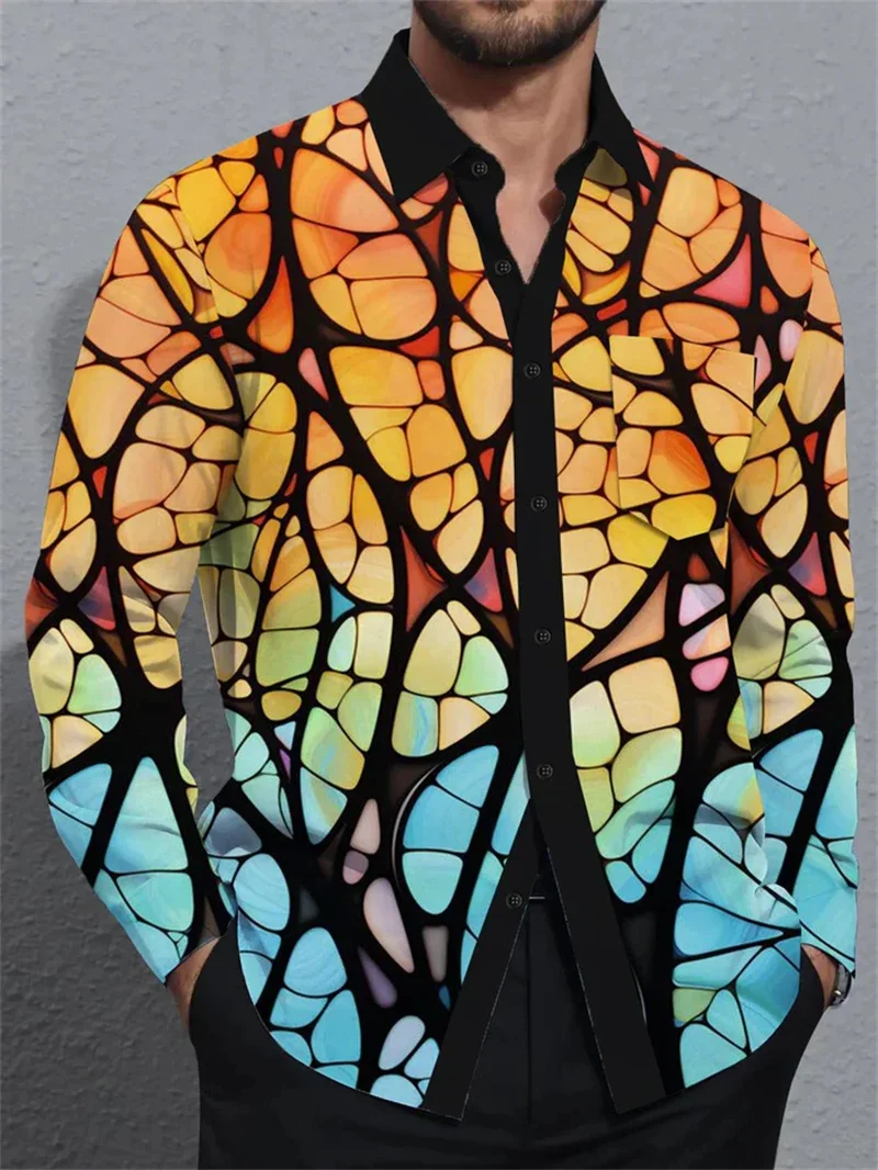 Men's New Colorful 3D Printing Shirt Linen Shirt Floral Print Lapel Outdoor Street Long Sleeved Fashionable Streetwear Designer