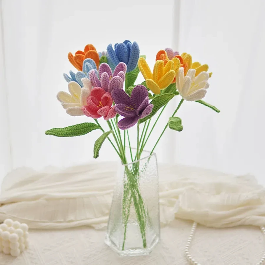 New Hand-Knitted Flowers Artificial Tulips Bouquet Cotton Yarn Crochet Fake Flowers for Wedding Home Table Decor New Year Gifts