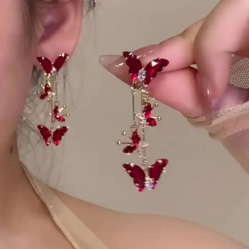 Red Crystal Butterfly Tassel Pendant Earrings for Women Fashionable Personalized Daily Accessory Party Jewelry Birthday Gifts