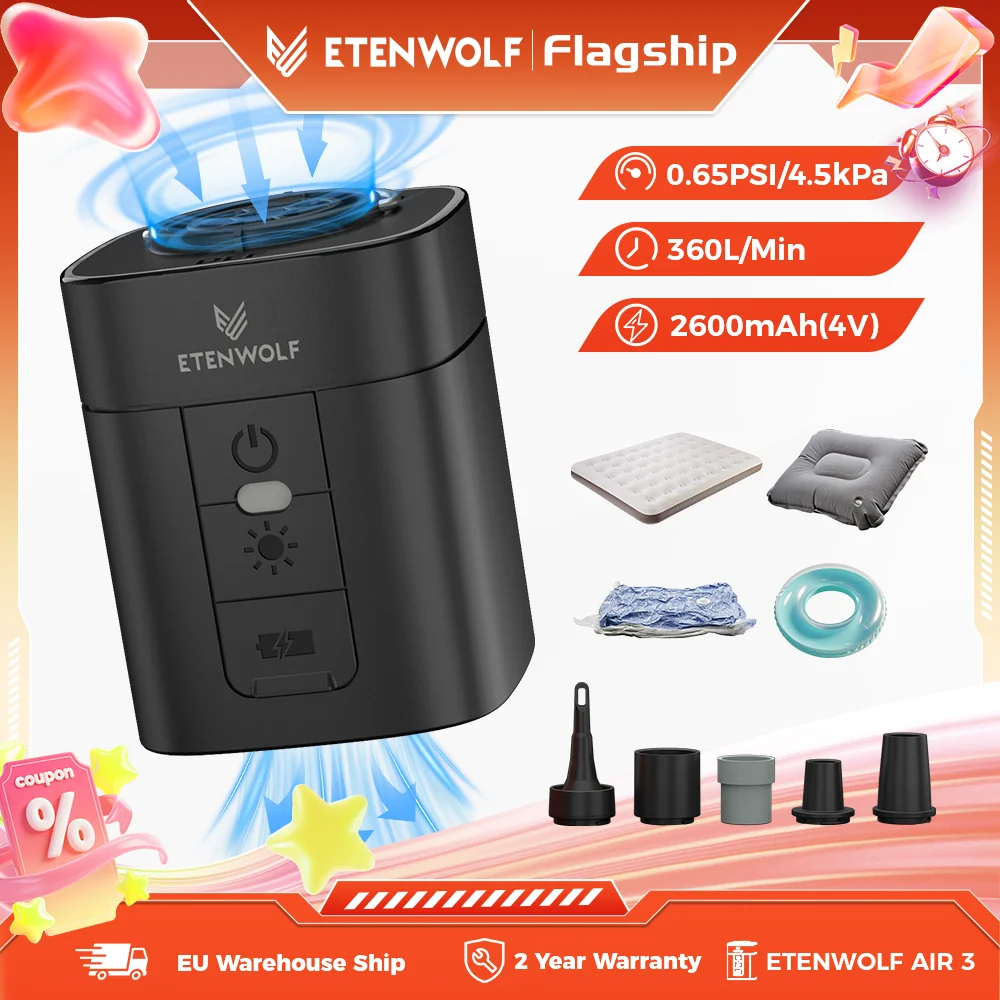 Tragbare Luftpumpe ETENWOLF AIR 3 mit 2600 mAh & Campingleuchte – Aufpump- und Entlüftungsfunktion für Luftmatratzen und Schwimmbecken-Aufsitzer.