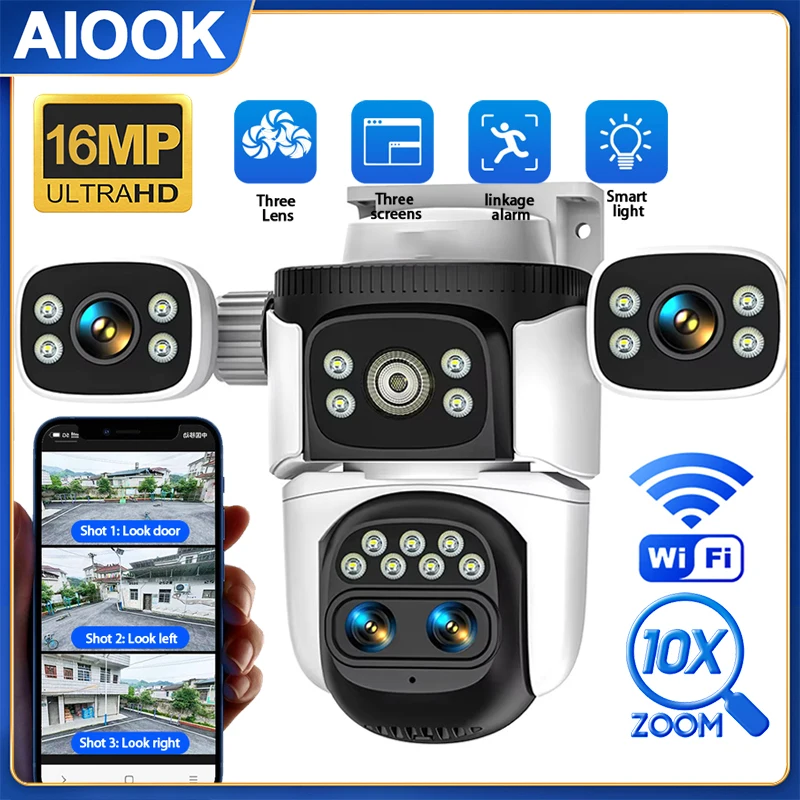 AIOOK Outdoor Waterproof 10X Zoom WIFI IP Camera 4 Lens Full Colour Night Vision Two-way Intercom Security Camera PTZ CCTV