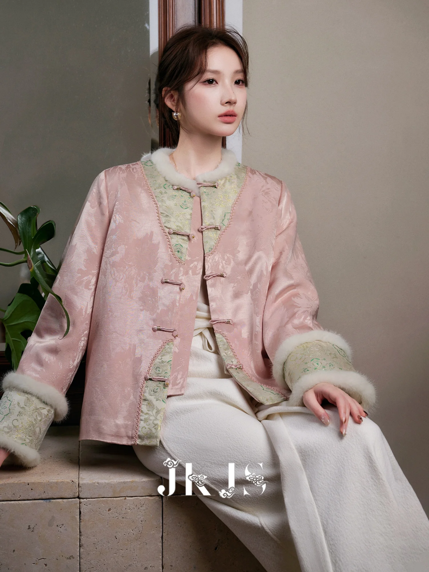 

New Chinese Sle Patchwork Cotton Jaet Woolen Fabric Fur Collar Long Sve round Ne Single Button Winter Coat