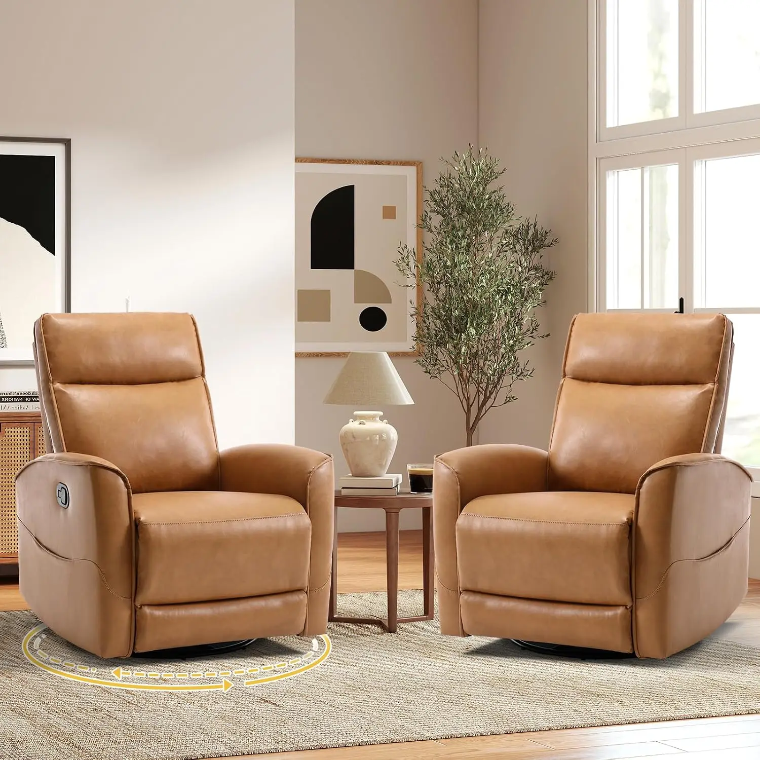 Manual Faux Leather Swivel Rocker Recliner Set of 2, 360° Glider with Storage Pocket for Nursery Living Room, Customized