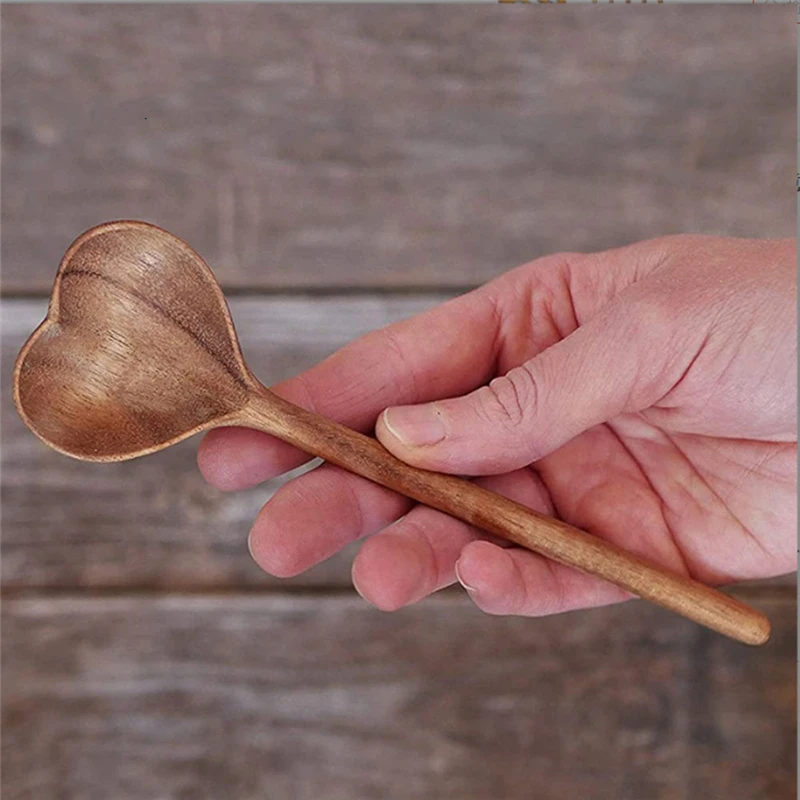 Wooden Spoon Long Handle Anti-scalding Soup Spoon Anti-Crack Heart-shaped Dessert Spoon Heat Resistance Coffee Scoop for Kitchen