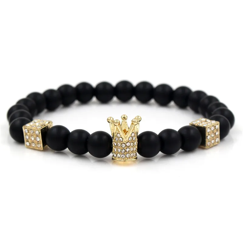 

New 8mm Black Matte Onyx Drill Crown Cube Bracelet Couple Holiday Gift