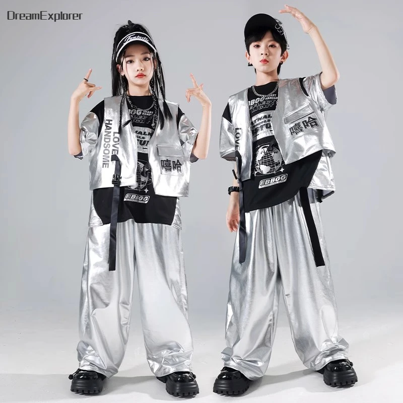 Boys Hip Hop T-shirt Silver Vest Street Dance Shiny Cargo Pants Girls Cool Leather Shorts Kids Jazz Clothes Set Child Streetwear