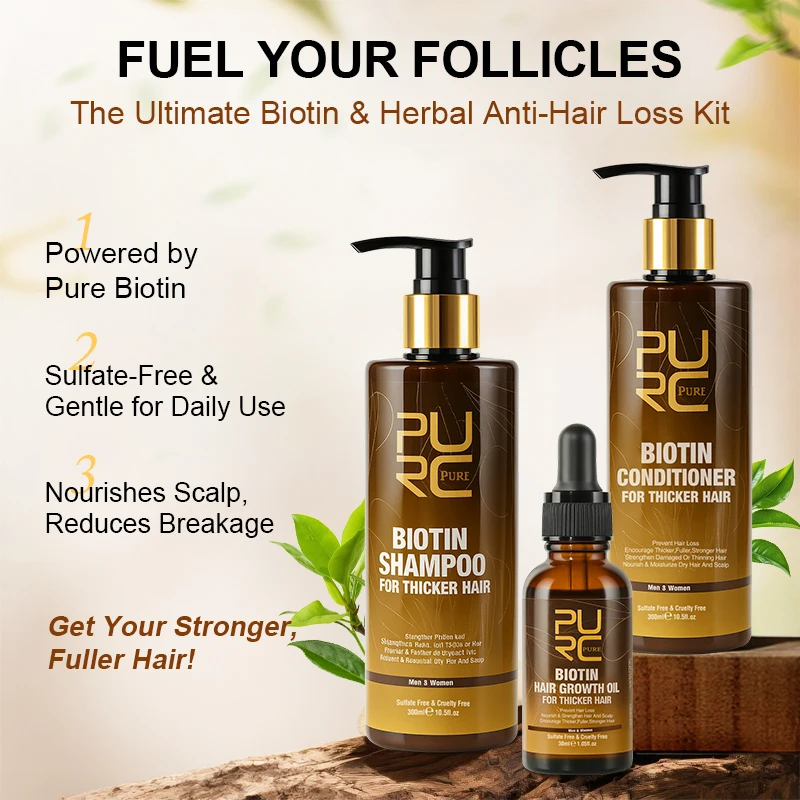PURC biotine huile de croissance des cheveux shampooing revitalisant ensembles kératine lissage perte de cheveux traitement pour hommes femmes produits de soins capillaires