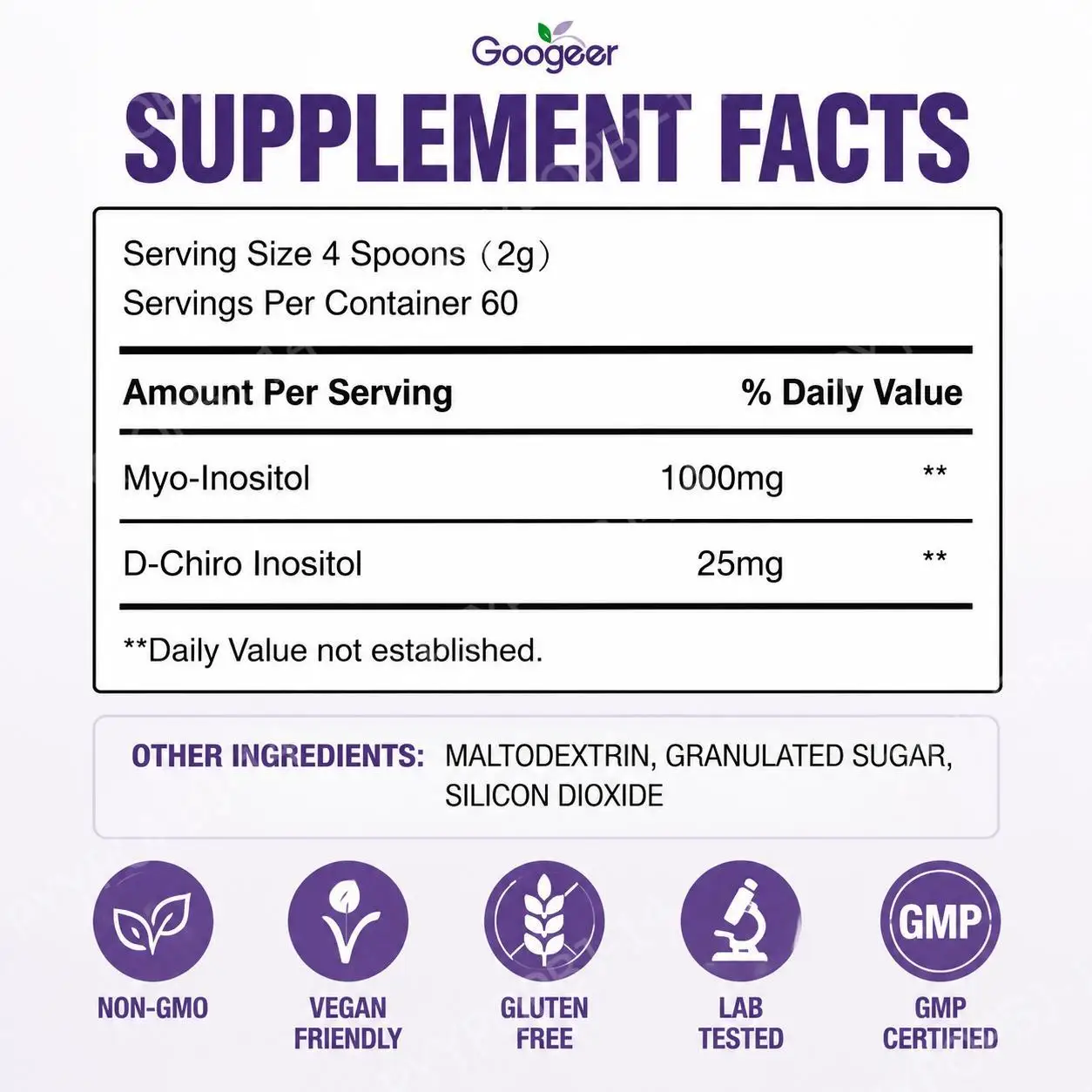 Googeer Feminine Inositol Complex Powder with Optimized 40:1 Ratio, Easy-Dissolve Daily Use for Hormone Balance, 60 Servings