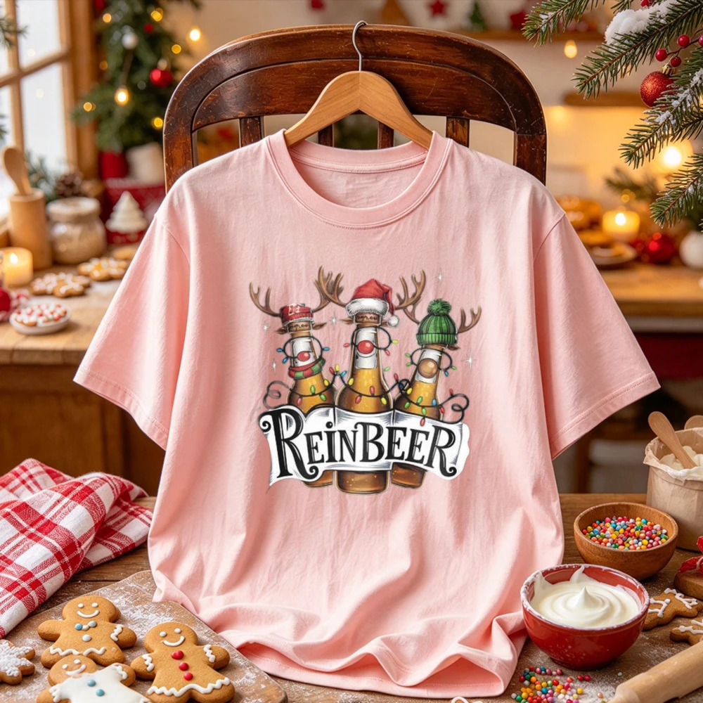 ReinBeer Christmas Beer Bottle Reindeer Graphic T-Shirt Funny Xmas Beer Antler Santa Hat Christmas Light Holiday Casual Tee Gift