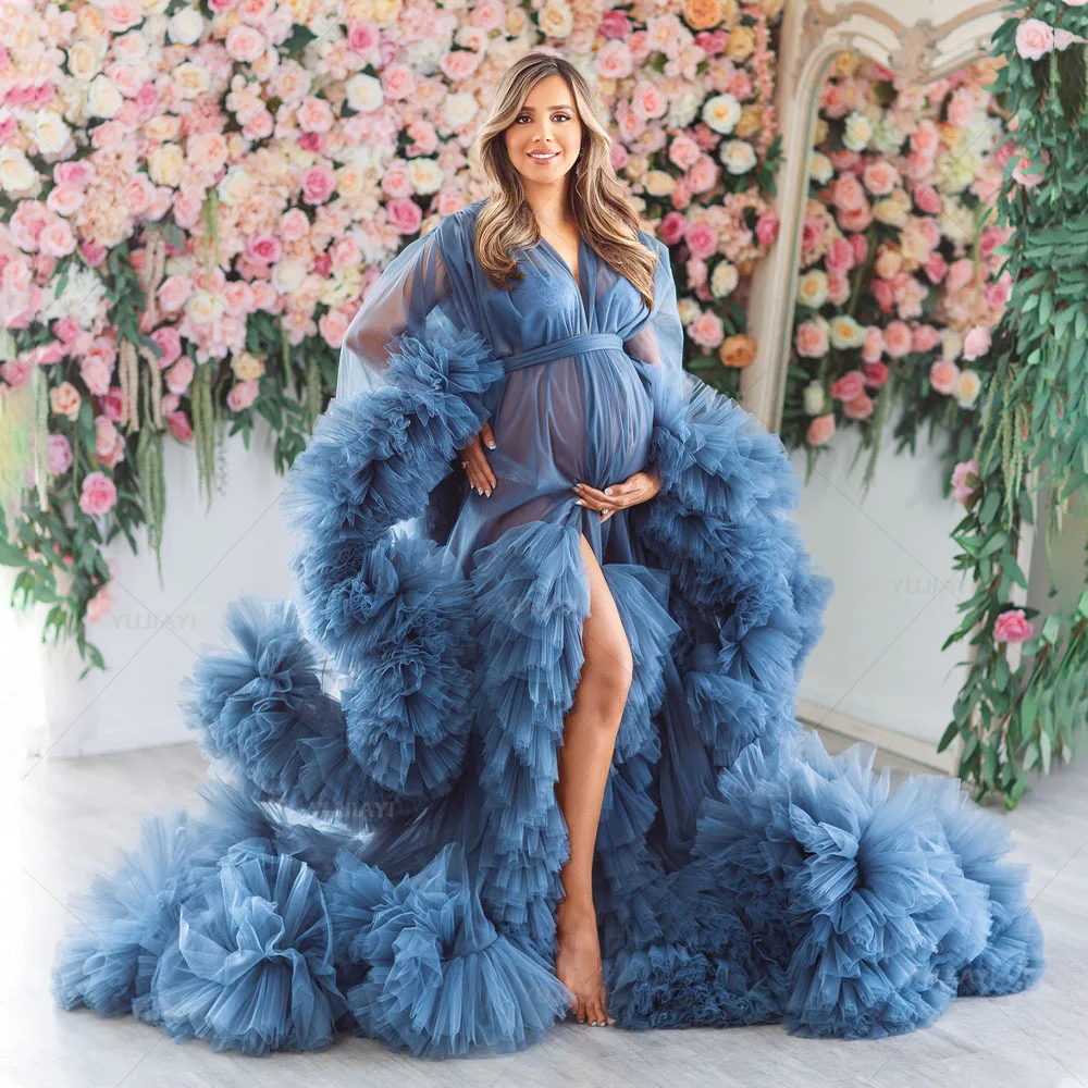 Luxury Fluffy Women's Prom Dresses Long Sleeve Robe Baby Shower Bride Sleepwear Nightwear Extra Ruffles Pregnant Photoshoot Gown