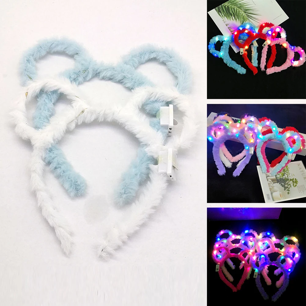 1PC Cute LED Plush Bear Ear Headband Kids Adult Light Up Hairband  Plush Glitter Hair Hoop Headwear Glow Hair Accessories