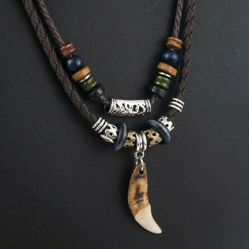 1PC Men Women's Goth Multi-layer Vintage Wolf Tooth Pendant Leather Beaded Weaved Prayer Necklace Fashion Jewelry Necklaces