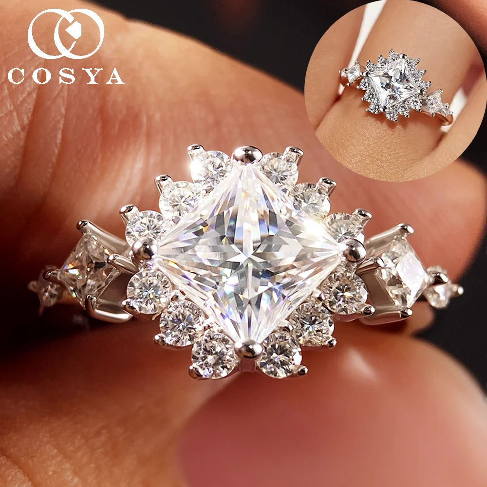 COSYA 1.2CT 6mm Princess Cut Full Moissanite Ring Ffor Women 100% S925 Silver  D Color Halo Wedding Band Engagement Fine Jewelry